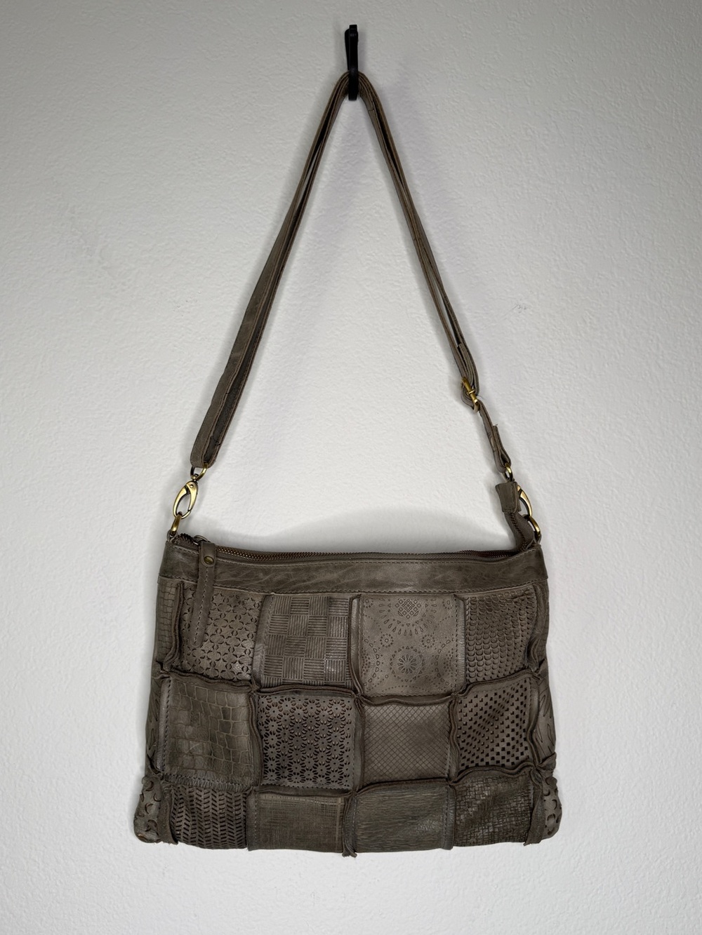 Milo Canada Patchwork Taupe Grey Genuine Leather Shoulder Bag OS
